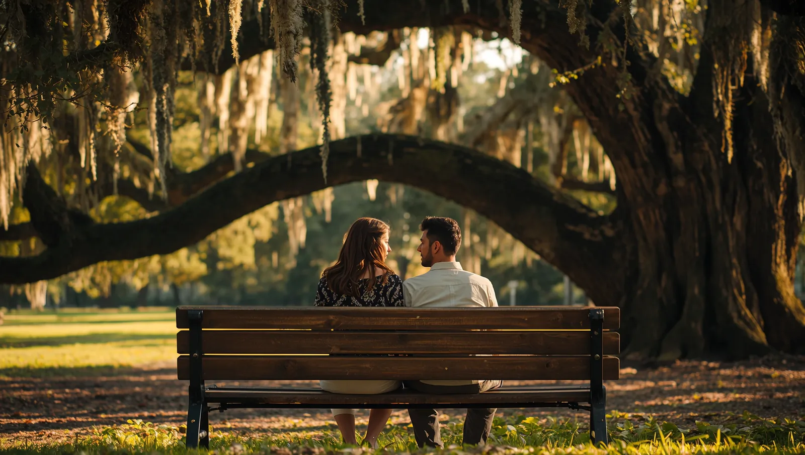 Two people sharing a supportive conversation on a park bench during recovery